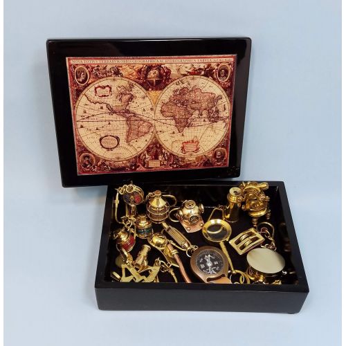 스텐리 Stanley London 14-Piece Nautical Brass Keychain Set in Old World Map Gift Box