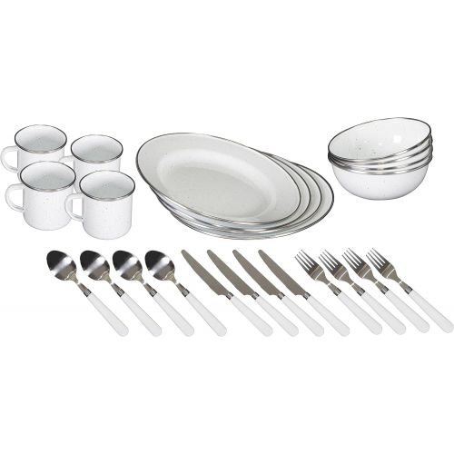  Stansport Enamel Camping Tableware Set-24 Pieces-White with Blue Specs