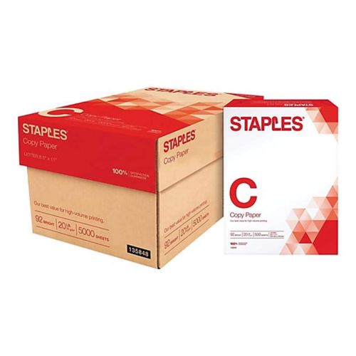  Staples Copy Paper Multi-Purpose Copier and Fax Machine Carton, Letter Size, Acid Free, 92 Bright, 20 lb, White, 5000 Sheets/Case