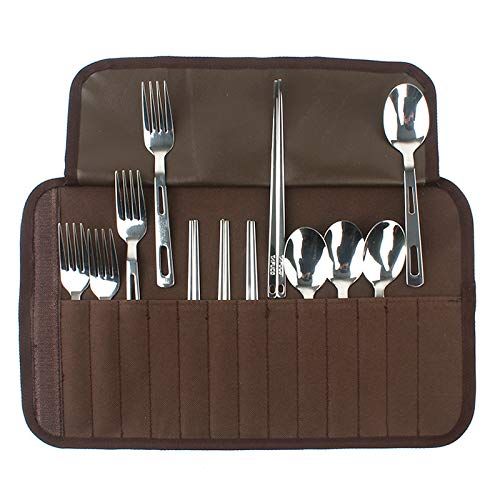  Star A 12pcs Stainless Steel Flatware Cutlery Family Set with Travel Bag, Cutlery Set Camping Barbecue Portable Stainless Steel Spoon Chopstick for Picnic