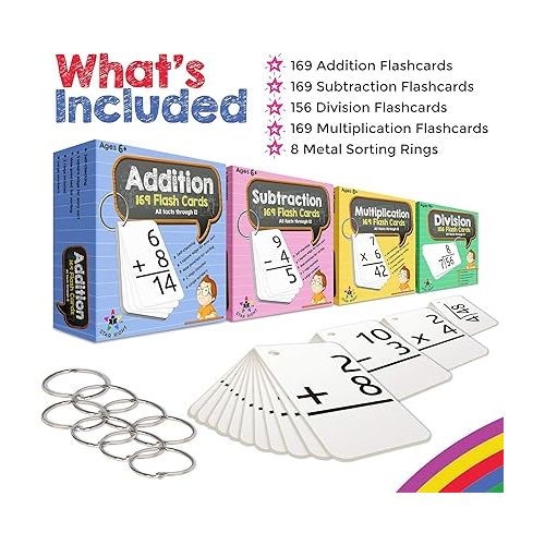  Star Right Math Flash Cards Set of 4 - Addition, Subtraction, Division, & Multiplication Flash Cards - 8 Rings - 663 Math Flash Cards - Ages 6 & Up - Kindergarten, 1st, 2nd, 3rd, 4th, 5th & 6th Grade