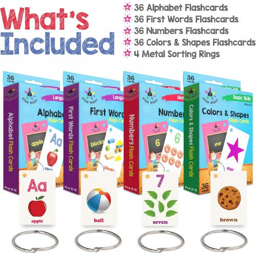  Star Right Flash Cards Set of 4 - Numbers, Alphabets, First Words, Colors & Shapes - Value Pack Flash Cards with Rings for Pre K - K