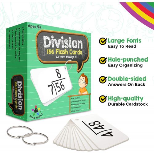  Star Right Education Math Division Flash Cards, 0-12 (All Facts, 156 Cards) With 2 Rings