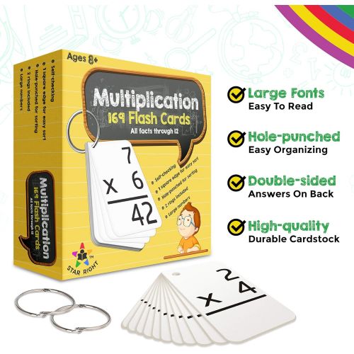  Star Right Multiplication with 2 Metal Binder Rings | 169 Self Checking Flashcards | for Ages 6 and Up