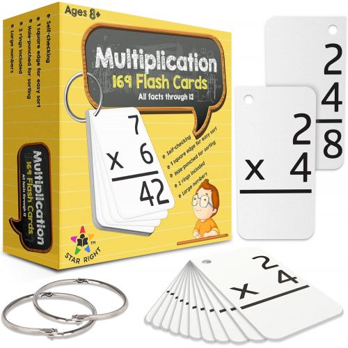  Star Right Multiplication with 2 Metal Binder Rings | 169 Self Checking Flashcards | for Ages 6 and Up