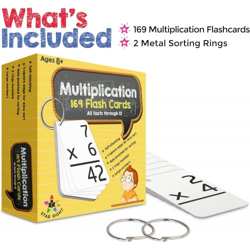  Star Right Multiplication with 2 Metal Binder Rings | 169 Self Checking Flashcards | for Ages 6 and Up