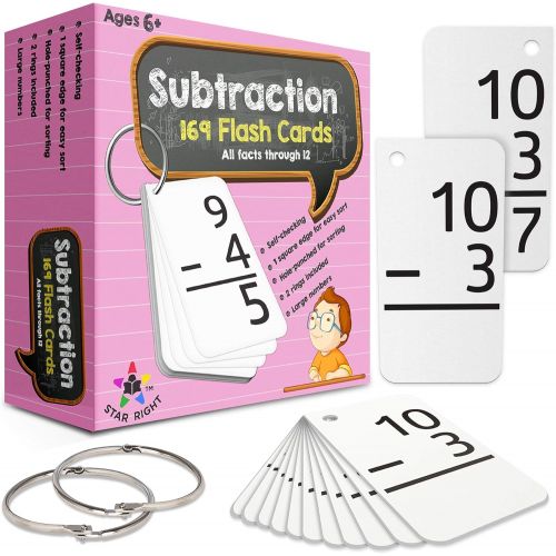  Star Right Education Subtraction Flash Cards, 0-12 (All Facts, 169 Cards) With 2 Rings