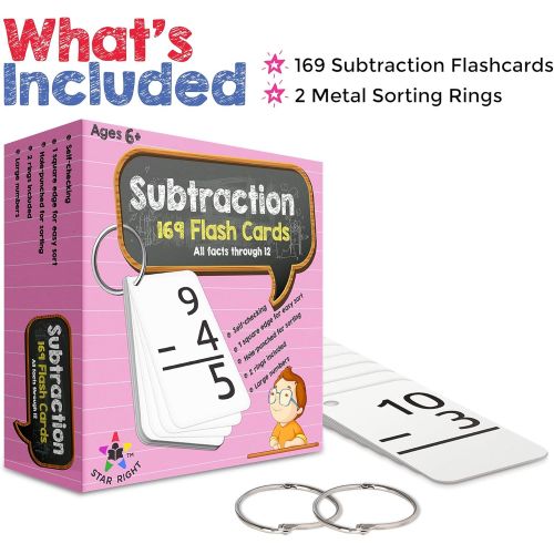  Star Right Education Subtraction Flash Cards, 0-12 (All Facts, 169 Cards) With 2 Rings