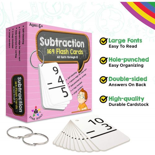  Star Right Education Subtraction Flash Cards, 0-12 (All Facts, 169 Cards) With 2 Rings