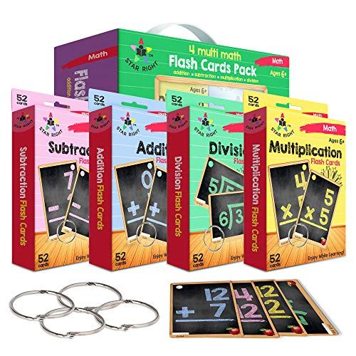  [아마존베스트]Star Right Multi Math Flashcards Pack - Addition, Subtraction, Multiplication, & Division - 1 Ring and 52 Hole Punched Cards Per Set - 208 Cards Total
