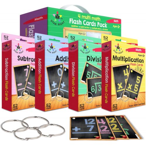  [아마존베스트]Star Right Multi Math Flashcards Pack - Addition, Subtraction, Multiplication, & Division - 1 Ring and 52 Hole Punched Cards Per Set - 208 Cards Total