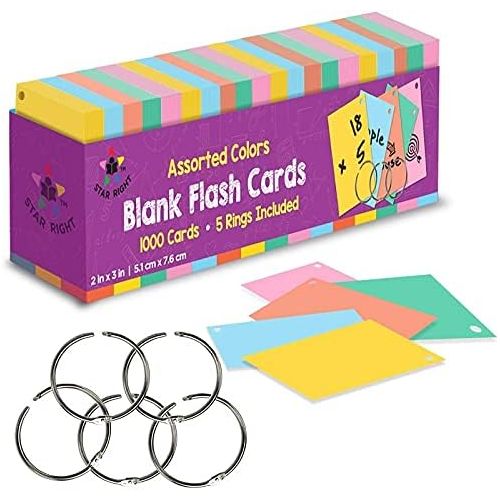  [아마존베스트]Star Right Blank Flashcards in Assorted Colors | 1000 Hole-Punched Cards with 5 Metal Sorting Rings | for School, Learning, Memory, Recipe Cards, and More