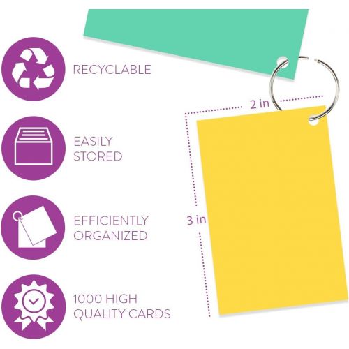  [아마존베스트]Star Right Blank Flashcards in Assorted Colors | 1000 Hole-Punched Cards with 5 Metal Sorting Rings | for School, Learning, Memory, Recipe Cards, and More