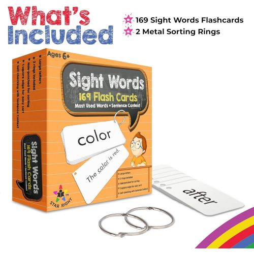  [아마존베스트]Star Right Education Sight Words Flash Cards, 169 Sight Words and Sentences With 2 Rings