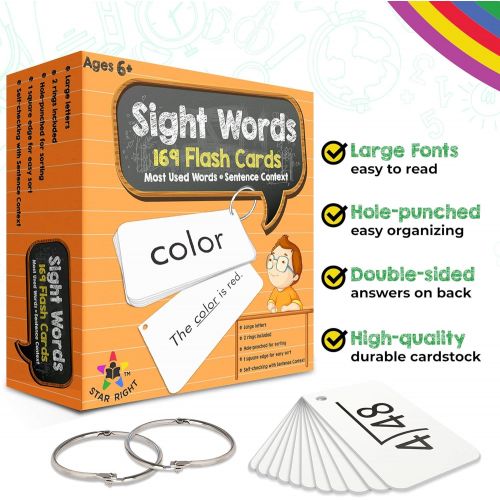  [아마존베스트]Star Right Education Sight Words Flash Cards, 169 Sight Words and Sentences With 2 Rings
