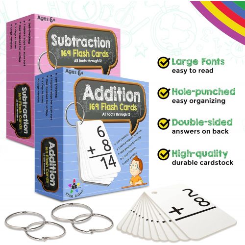  [아마존베스트]Star Right Addition and Subtraction Flashcards with 4 Metal Binder Rings | 338 Self Checking Flashcards | for Ages 6 and Up