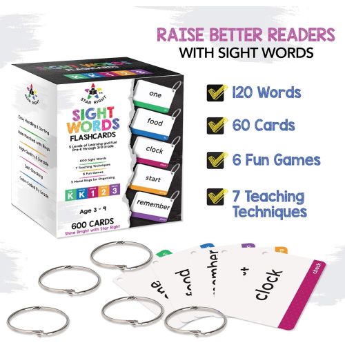  [아마존베스트]Star Right Sight Words Flash Cards Pack - 120 Academic Words, 6 Fun Games, 7 Teaching Techniques -Age of 4, 5, 6, 7 Years old, Pre K, Preschool, Kindergarten, 1st, 2nd Grade, Homes