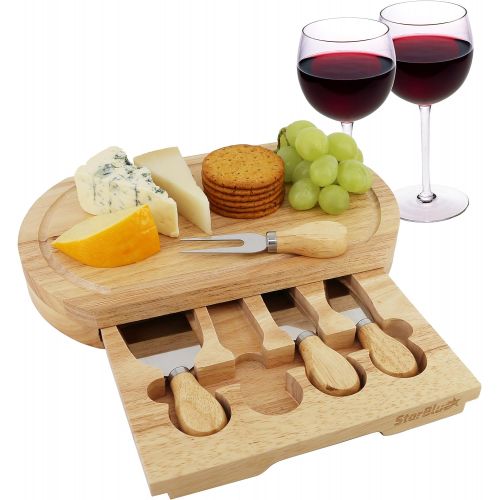  [아마존베스트]Cheese Board Set by StarBlue - with 4 Knives and Slide Out Drawer | Large Oak Wooden Cheese and Platter Cutting Serving Plate Tray | Best for housewarming and birthday gift