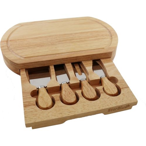  [아마존베스트]Cheese Board Set by StarBlue - with 4 Knives and Slide Out Drawer | Large Oak Wooden Cheese and Platter Cutting Serving Plate Tray | Best for housewarming and birthday gift