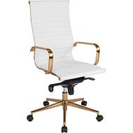 StarSun Depot High Back White Ribbed Leather Executive Swivel Chair with Gold Frame, Knee-Tilt Control and Arms 23.5 W x 25.5 D x 42.5 - 45.5 H