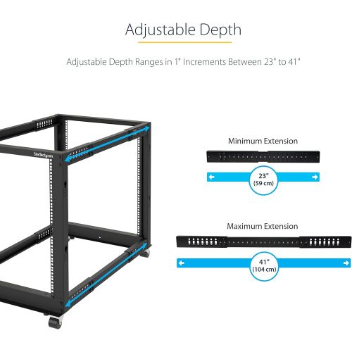  [아마존베스트]StarTech.com 12U Open Frame Server Rack - 4 Post Adjustable Depth (22 to 40) Network Equipment Rack w/ Casters/ Levelers/ Cable Management (4POSTRACK12U),Black