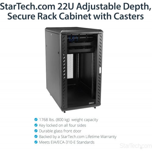  [아마존베스트]StarTech.com 22U Server Rack Cabinet with secure locking door - 4 Post Adjustable Depth (5.5 to 28.7) - 1768 lb capacity - 19 inch Portable Network Equipment Enclosure on wheels/ca