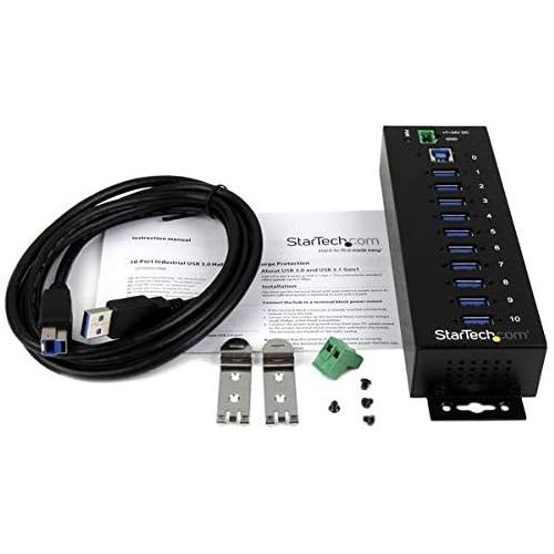  StarTech.com 10 Port USB 3.0 Hub - Industrial - ESD and Surge Protection - DIN Rail or Surface Mountable - Metal - Powered USB Hub