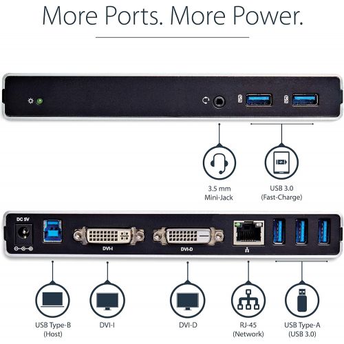  StarTech.com DVI Dual Monitor Docking Station  5 x USB 3.0  Ethernet  HDMI  VGA Adapters  Laptop Docking Station  USB 3.0 Dock