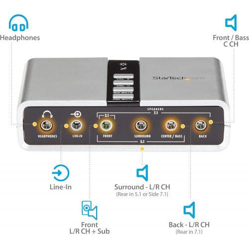  StarTech.com 7.1 USB Audio Adapter External Sound Card with SPDIF Digital Audio - External USB Laptop Sound Card, Silver