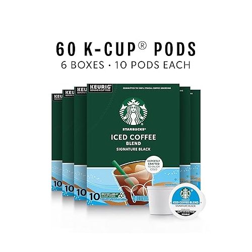 스타벅스 Starbucks K-Cup Coffee Pods, Medium Roast Iced Coffee Blend, Signature Black for Keurig Coffee Makers, 100% Arabica, 6 Boxes (60 Pods Total)