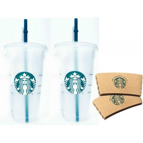스타벅스 Starbucks Reusable Venti 24 fl oz Frosted Ice Cold Drink Cup Bundle Set of 2 with Sleeves