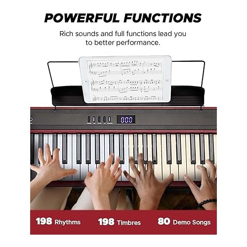  Starfavor 88 Key Red Piano Keyboard, Compact Bluetooth Digital Piano with Full-size Semi Weighted 88 Keys, Budget Electric Keyboard Piano with Stand, Piano Pedal, Carrying Bag, Recording/MIDI/USB