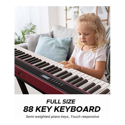  Starfavor 88 Key Red Piano Keyboard, Compact Bluetooth Digital Piano with Full-size Semi Weighted 88 Keys, Budget Electric Keyboard Piano with Stand, Piano Pedal, Carrying Bag, Recording/MIDI/USB