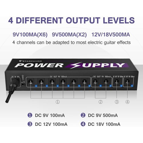  Starfavor Guitar Pedal Power Supply 10 Isolated DC Output for 9V/12V/18V Effect Pedal DC 18v 1000mA Input with smart short circuit and overcurrent protection SP-1