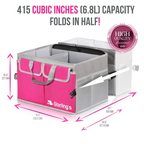  Starlings Car Trunk Organizer - Super Strong, Foldable Storage Cargo Box for SUV, Auto, Truck - Nonslip Waterproof Bottom, Fits Any Vehicle, Pink