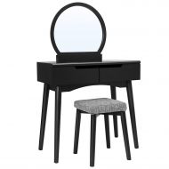 Staron Wood Make-Up Vanity Table Set with Round Mirror and 2 Large Sliding Drawers Makeup Dressing Table with Cushioned Stool (Black)