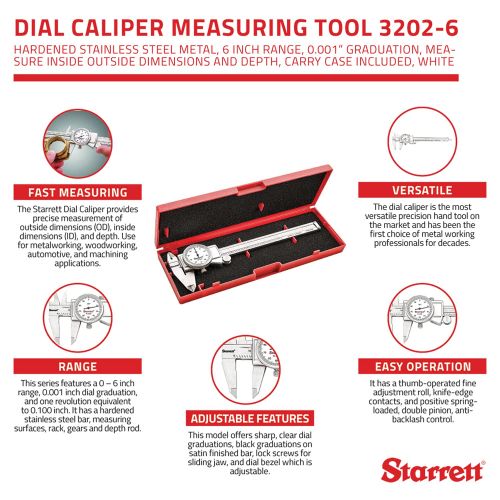  [아마존베스트]Starrett Dial Caliper Measuring Tool 3202-6, Hardened Stainless Steel Metal, 6 Inch Range, 0.001 Graduation, Measure Inside Outside Dimensions and Depth, Carry Case Included, White