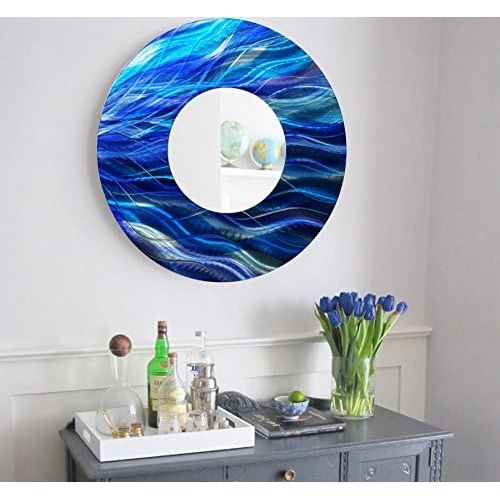  Statements2000 Blue Metal Wall Mirror by Jon Allen - Round Decorative Wall-Mounted Mirror Abstract Decor Accent 23-inch, Mirror 111