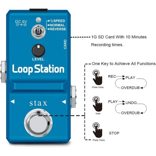  Stax Mini Looper Guitar Pedal Loop Station Pedal Unlimited Overdubs 10 Minutes of Looping, 1/2 time, and Reverse, Built-in 1G SD Card for Memory True Bypass