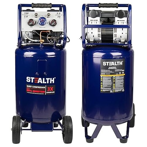  Stealth 20 Gallon Ultra Quiet Air Compressor,1.8 HP Oil-Free Peak 150 PSI 68 Decibel Air Compressor,5.5 CFM @ 40 PSI 5 CFM @ 90 PSI Silent Portable Long Life Electric Air Compressor W/Wheel for Garage