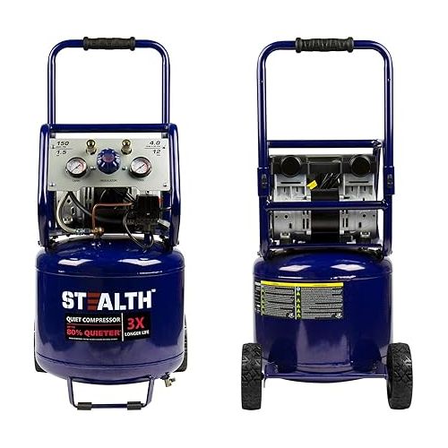  Stealth 12 Gallon Ultra Quiet Air Compressor, 1.5 HP Oil-Free Peak 150 PSI 68 Decibel Air Compressor,5 CFM @ 40 PSI 4 CFM @ 90 PSI Silent Portable Long Life Electric Air Compressor W/Wheel for Garage