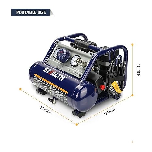  STEALTH Ultra Quiet Portable 1 Gallon Air Compressor, 1/2HP Max 125 PSI, Induction Motor, 0.8 CFM@90PSI, 1.3 CFM@40PSI, Oil-Free Maintenance Free Light Weight Electric Air Tools, SAUQ-1105