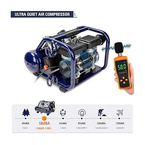  STEALTH Ultra Quiet Portable 1 Gallon Air Compressor, 1/2HP Max 125 PSI, Induction Motor, 0.8 CFM@90PSI, 1.3 CFM@40PSI, Oil-Free Maintenance Free Light Weight Electric Air Tools, SAUQ-1105