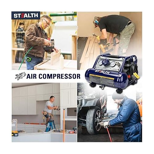  STEALTH Ultra Quiet Portable 1 Gallon Air Compressor, 1/2HP Max 125 PSI, Induction Motor, 0.8 CFM@90PSI, 1.3 CFM@40PSI, Oil-Free Maintenance Free Light Weight Electric Air Tools, SAUQ-1105