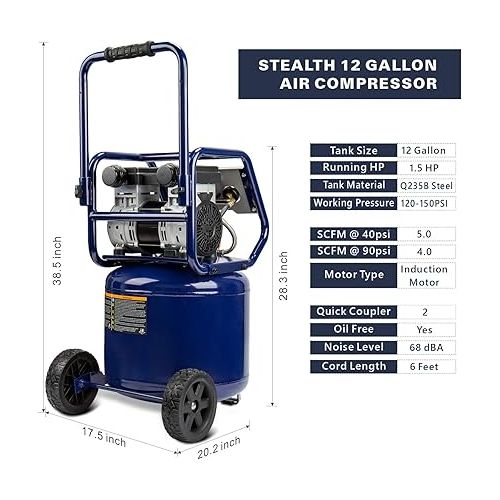  Stealth 12 Gallon Ultra Quiet Air Compressor, 1.5 Horsepower Oil Free Max 150 PSI, 68 Decibel Air Pump, 4 CFM @ 90 PSI, Long Life Electric Air Compressor for Garage, Workshop, Jobsite Blue