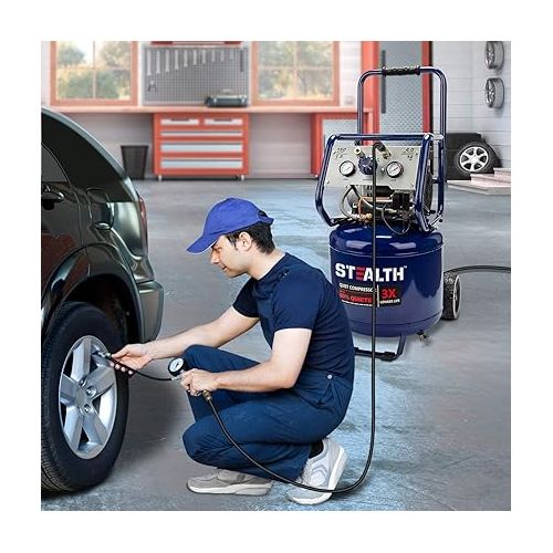  Stealth 12 Gallon Ultra Quiet Air Compressor, 1.5 Horsepower Oil Free Max 150 PSI, 68 Decibel Air Pump, 4 CFM @ 90 PSI, Long Life Electric Air Compressor for Garage, Workshop, Jobsite Blue