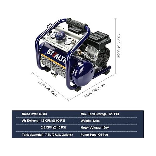  Stealth Air Compressor 2 Gallon, 3/4 HP Oil-Free Portable Compressor, Quiet Electric Air Compressor for Airbrushing,Tire Inflation,Nailing,Home DIY Project(SAQ-1234)