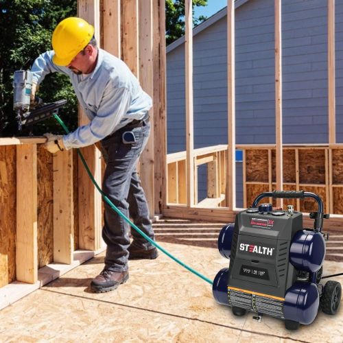  Stealth Ultra Quiet Air Compressor, 64 Decibel 4.5 Gallon Peak 1.3 HP Max 150 PSI, Oil-Free Air Pump, 3 CFM @ 90 PSI Portable Air Compressor W/Wheel for Garage, Workshop, Jobsite