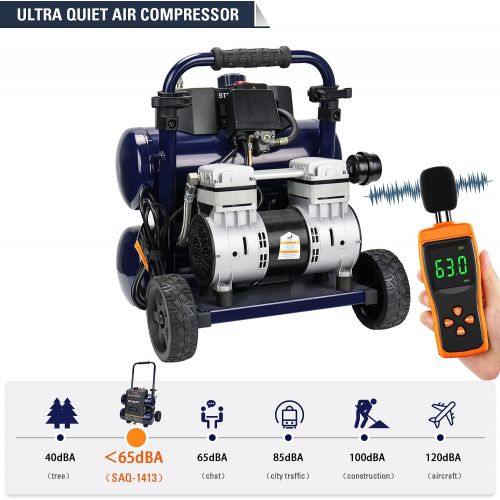  Stealth Ultra Quiet Air Compressor, 64 Decibel 4.5 Gallon Peak 1.3 HP Max 150 PSI, Oil-Free Air Pump, 3 CFM @ 90 PSI Portable Air Compressor W/Wheel for Garage, Workshop, Jobsite