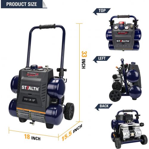  Stealth Ultra Quiet Air Compressor, 64 Decibel 4.5 Gallon Peak 1.3 HP Max 150 PSI, Oil-Free Air Pump, 3 CFM @ 90 PSI Portable Air Compressor W/Wheel for Garage, Workshop, Jobsite